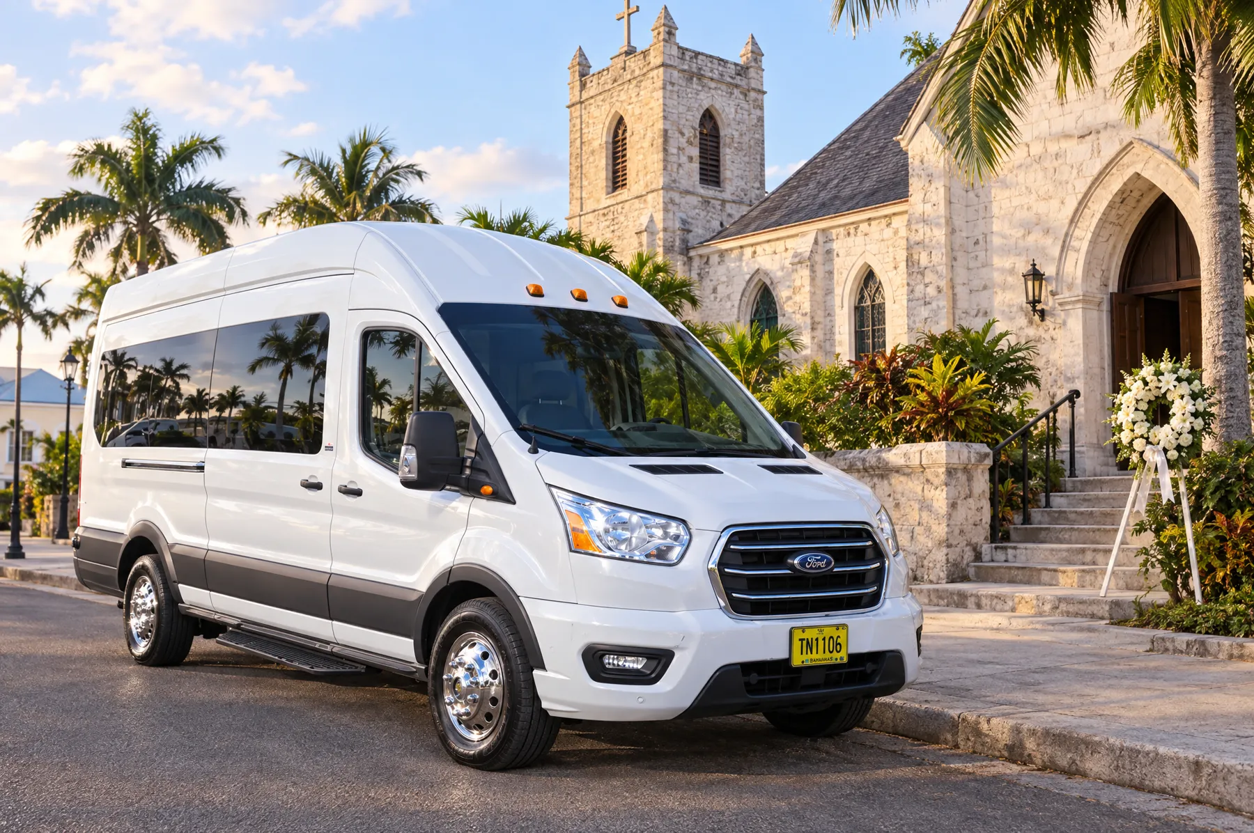 Van outside a Nassau church
